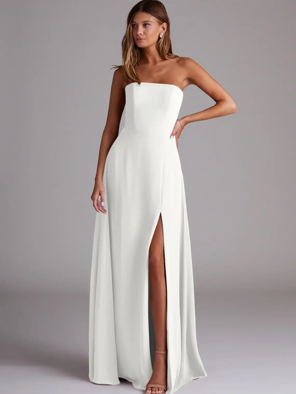 Azazie Strapless White Evening Gown with High Slit